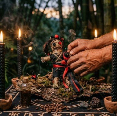 Hechizos-de-amor-magia-negra-pereira-risarada altar con muñeco vudú velas negras y elementos místicos para hechizos de amor y magia negra en Pereira Risaralda